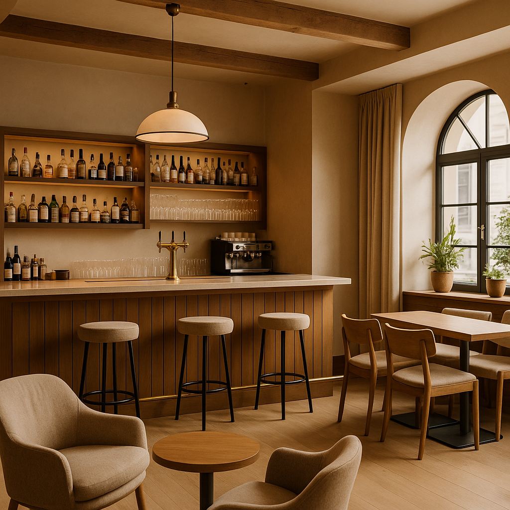 Bar con coctelería y botellas en repisas