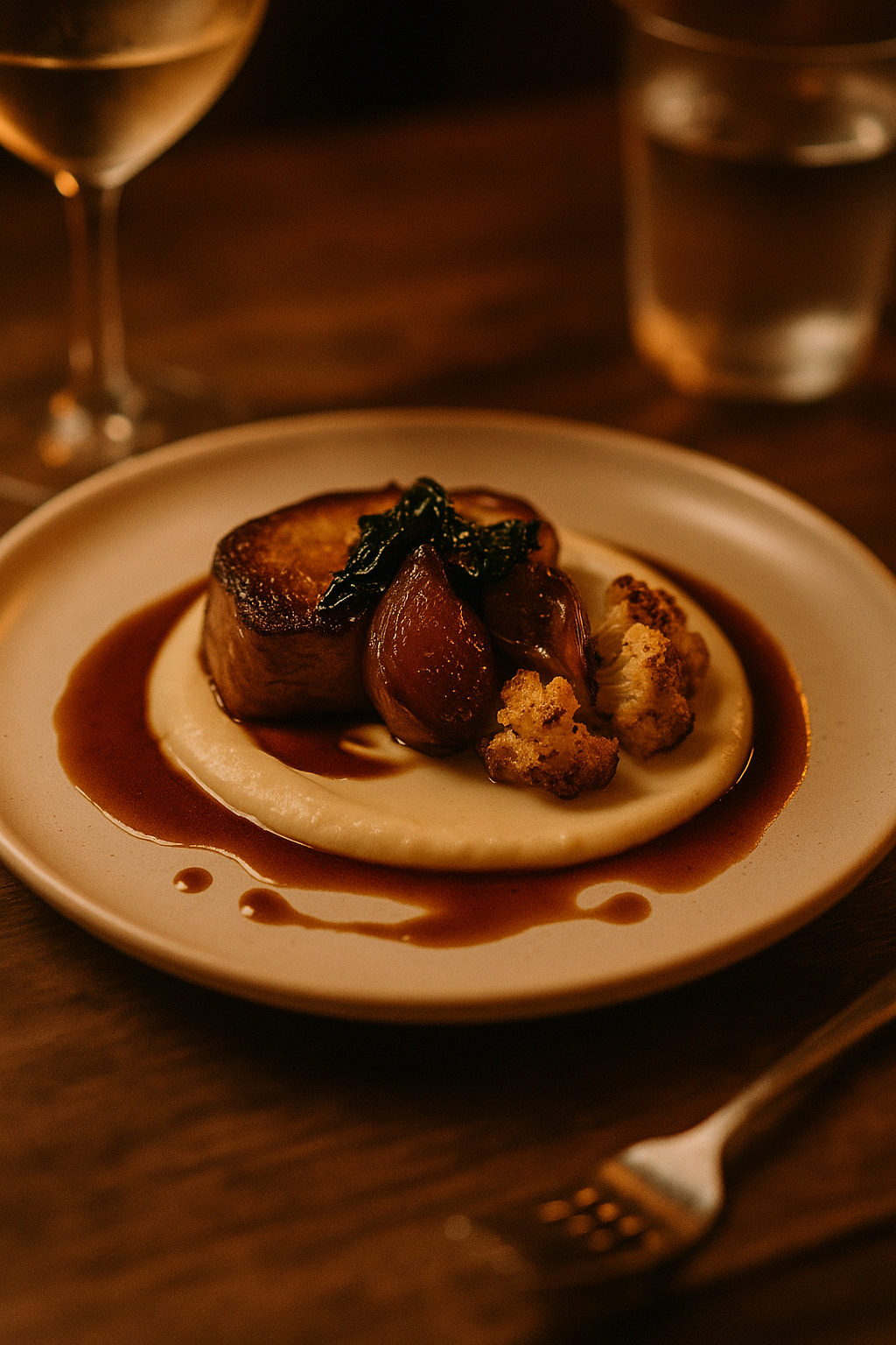 Plato principal emplatado con salsa y guarnición fresca