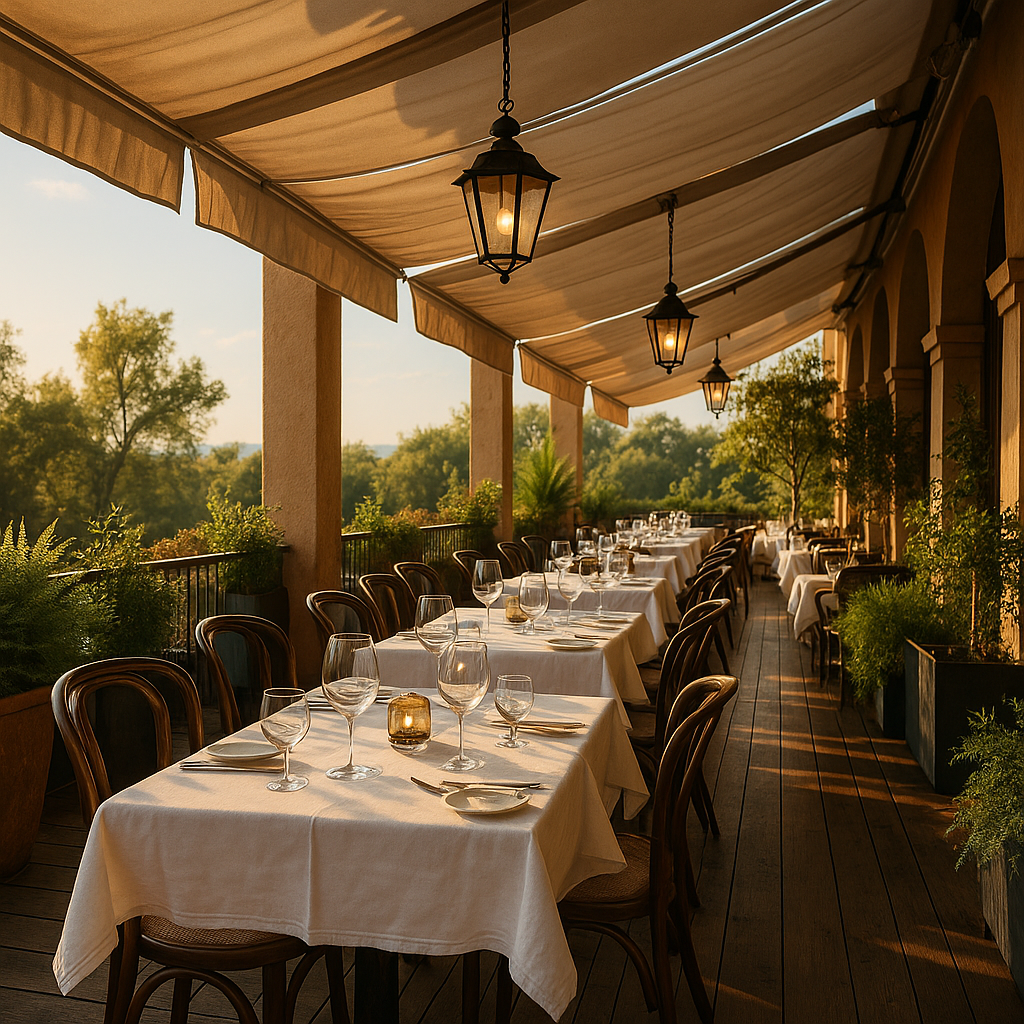 Terraza exterior con mesas y plantas